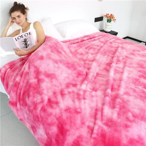 Pink Fleece Blanket Soft Cozy Throw Blanket Tie Dye Plush Warm Blanket for Bed - Picture 2 of 7